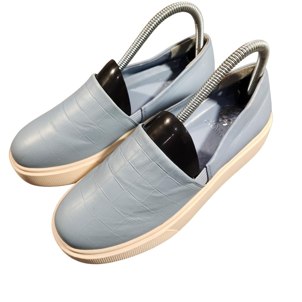 Vince Camuto Abbinna Womens 7.5 Blue Croc Embossed Leather Platform Slip-On Shoe
